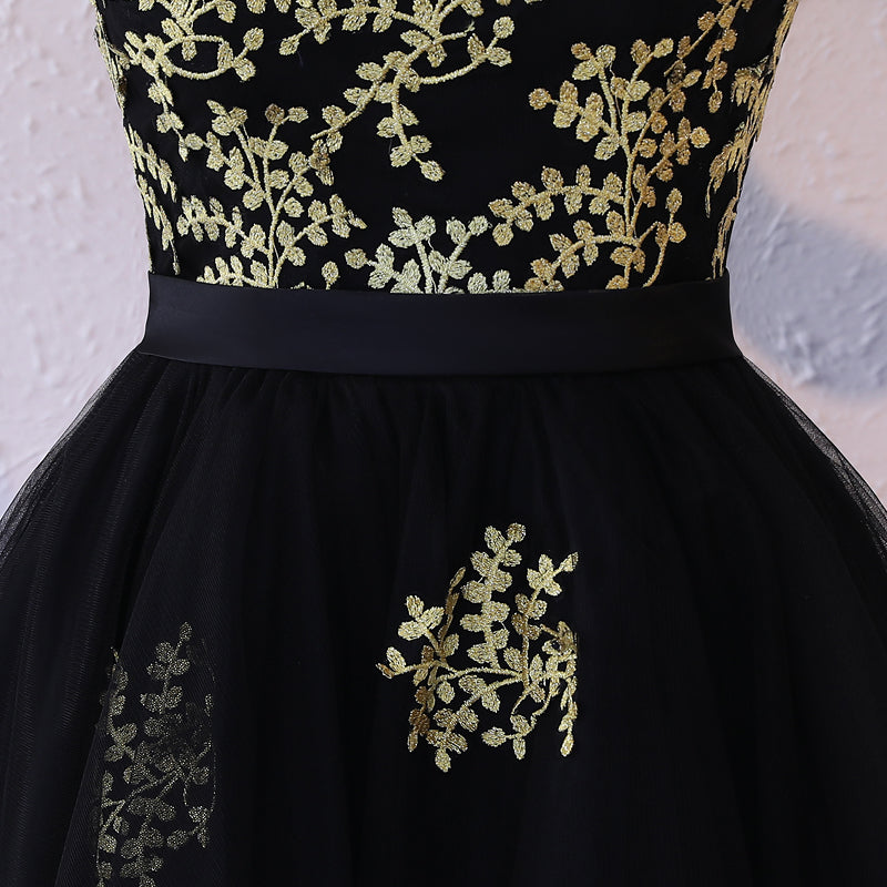 Homecoming Dress Black Tulle Gold Appliques Short Prom Dress Party Dress Homecoming Dress BabaMila