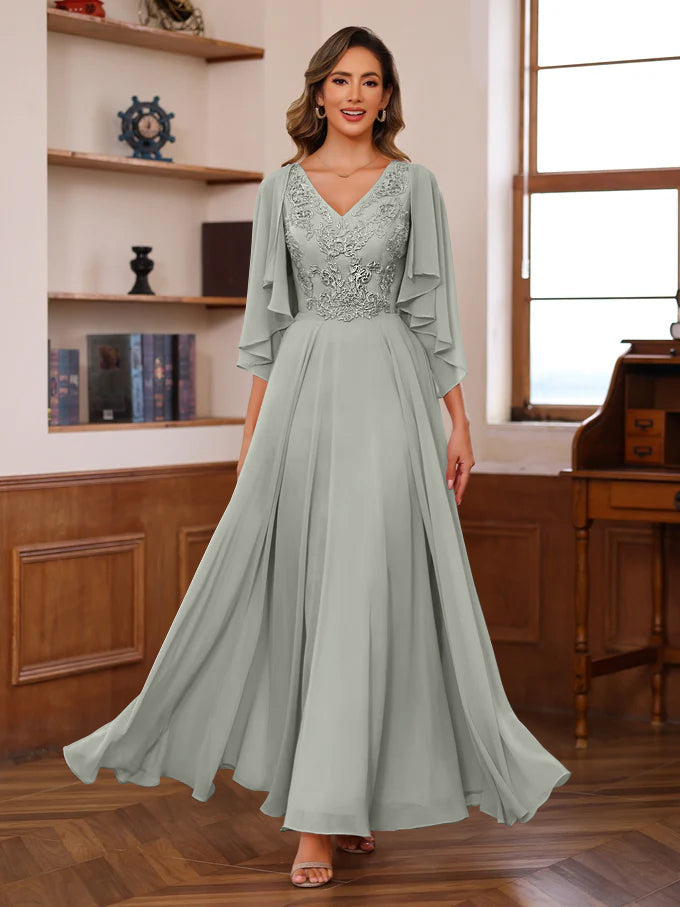 A-Line/Princess V-Neck 2 Pics Floor-Length Mother Of The Bride Dresses With Appliques & Wrap BabaMila