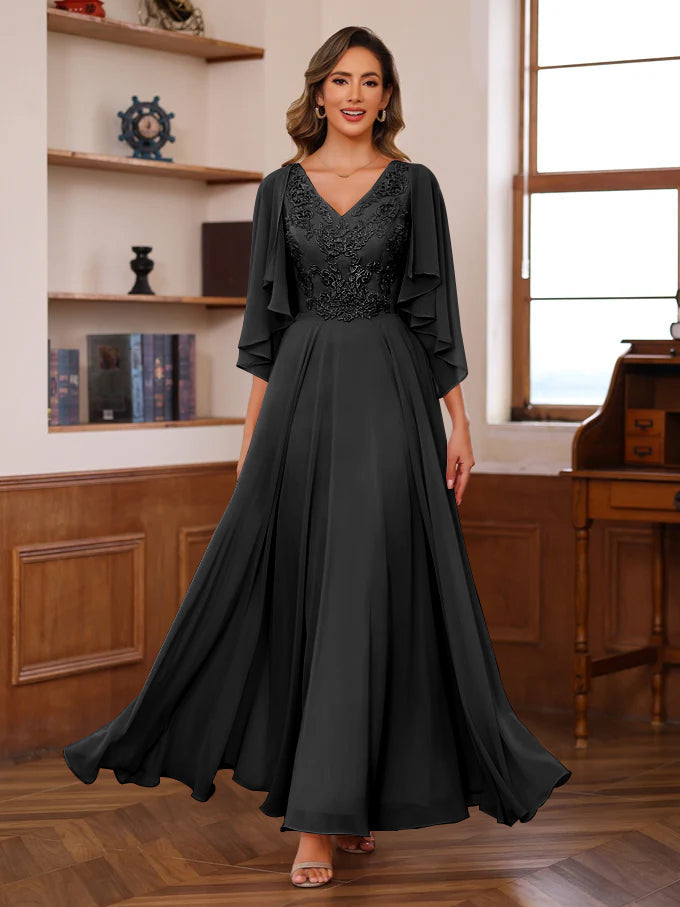 A-Line/Princess V-Neck 2 Pics Floor-Length Mother Of The Bride Dresses With Appliques & Wrap BabaMila