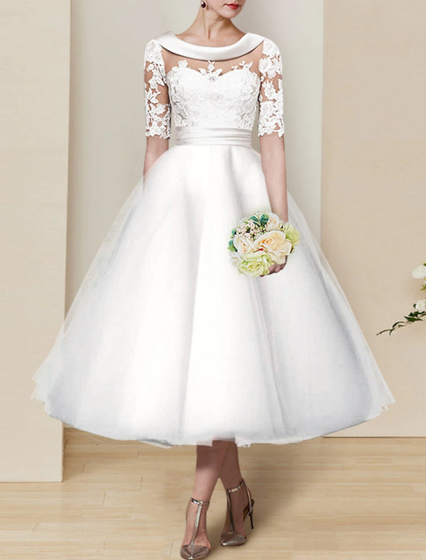 Ball Gown Satin Scoop Neck Tea-length Lace Wedding Dress With Satin Belt/Appliques BabaMila