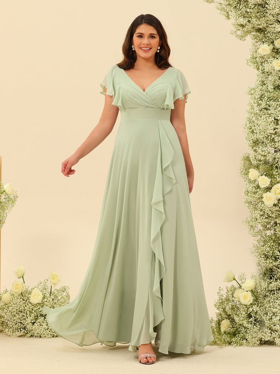 A-Line/Princess V-Neck Plus Size Bridesmaid Dresses with Ruffles BabaMila