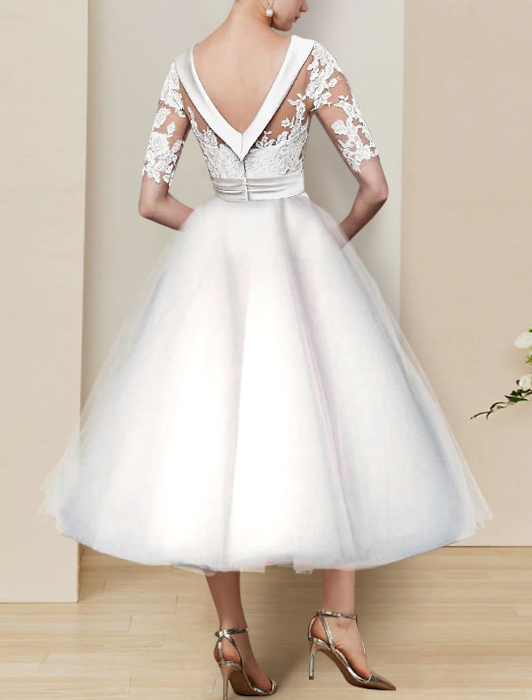 Ball Gown Satin Scoop Neck Tea-length Lace Wedding Dress With Satin Belt/Appliques BabaMila