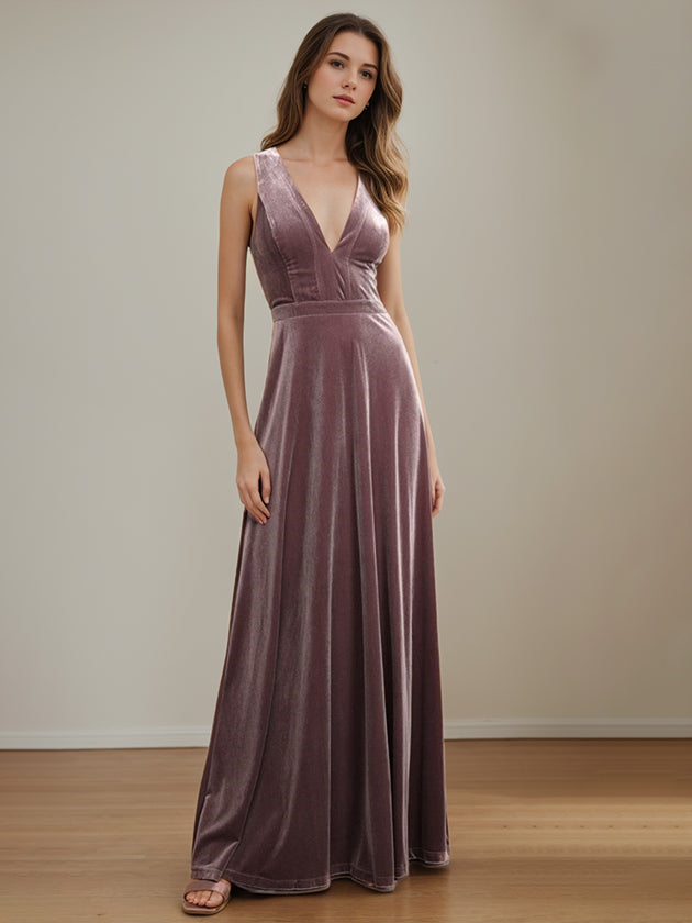 A-Line/Princess V-Neck Sleeveless Floor-Length Velvet Mother Of The Bride Dresses BabaMila