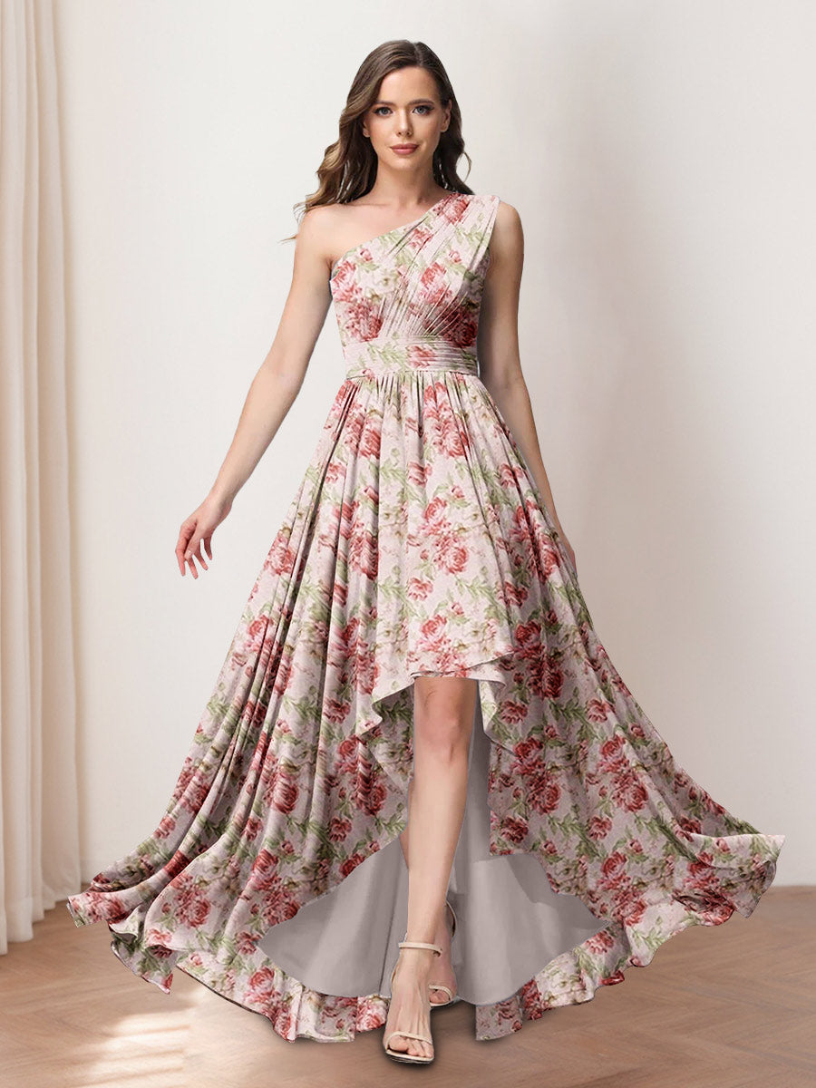 A-Line/Princess One-Shoulder Asymmetrical Printed Floral Bridesmaid Dresses with Ruffles BabaMila