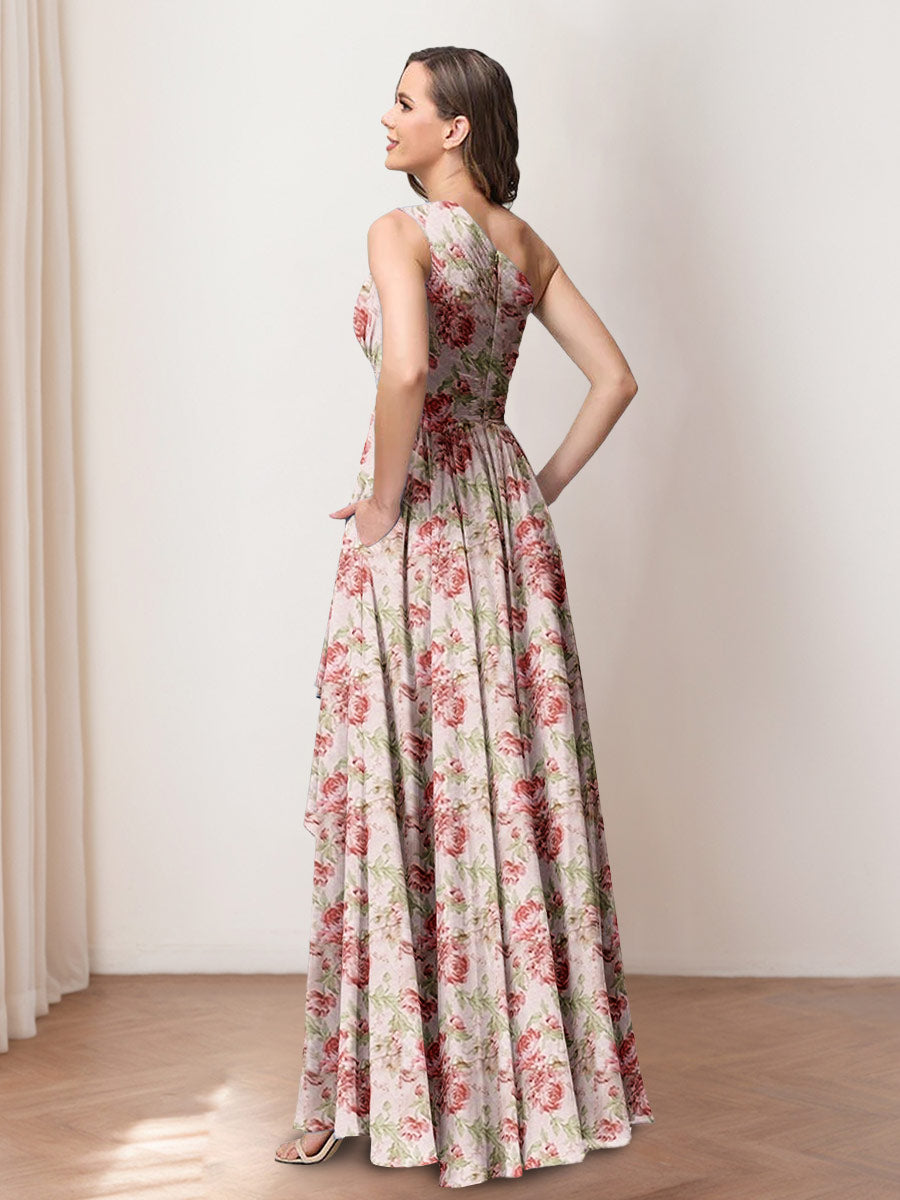 A-Line/Princess One-Shoulder Asymmetrical Printed Floral Bridesmaid Dresses with Ruffles BabaMila