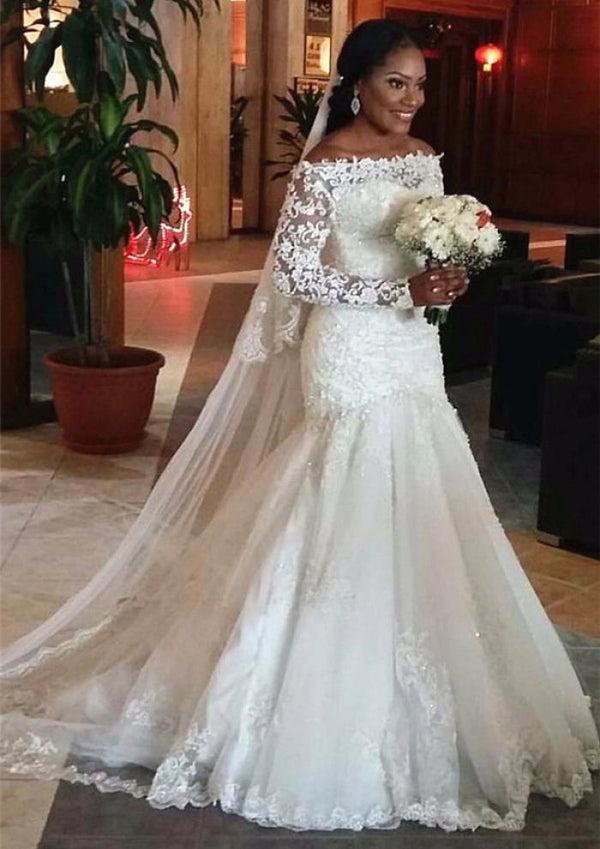 Sheath/Column Long Sleeve Off-the-Shoulder Floor-length Lace Wedding Dress BabaMila