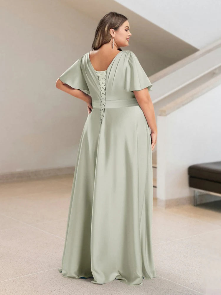 A-Line/Princess V-Neck Short Sleeves Silk Satin Plus Size Bridesmaid Dresses with Pockets BabaMila