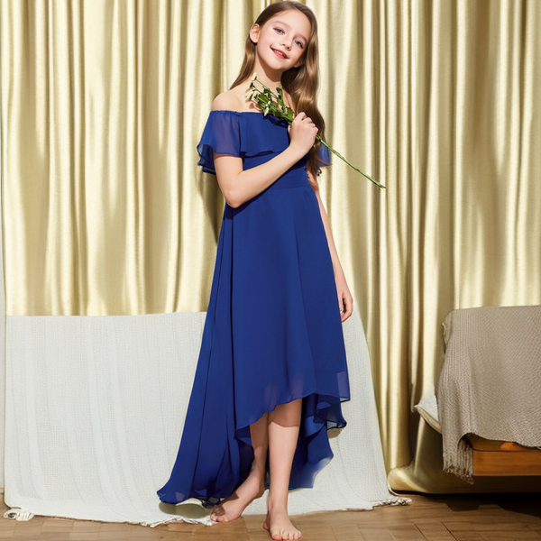 Asymmetrical Off-the-Ohoulder Cape Chiffon Junior Bridesmaid Dress/Girls Birthday Dresses With Belt Girls Gidiondress