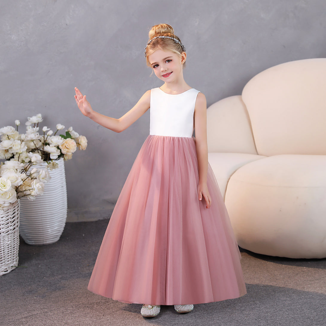 Girls Birthday Dresses Scoop Neck Sleeveless Satin/Tulle Floor-Length Flower Girl Dresses/Party Dresses Gidiondress