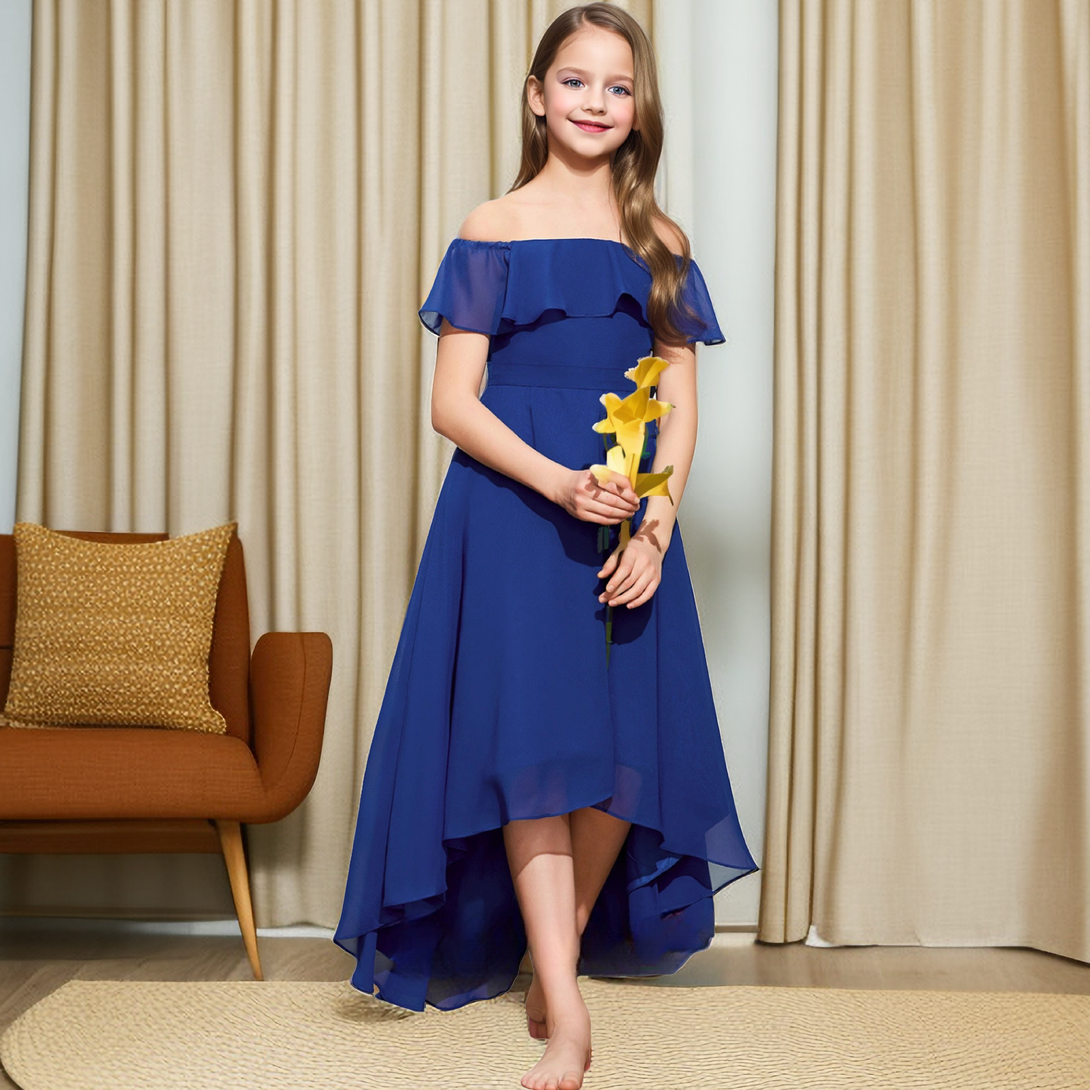Asymmetrical Off-the-Ohoulder Cape Chiffon Junior Bridesmaid Dress/Girls Birthday Dresses With Belt Girls Gidiondress