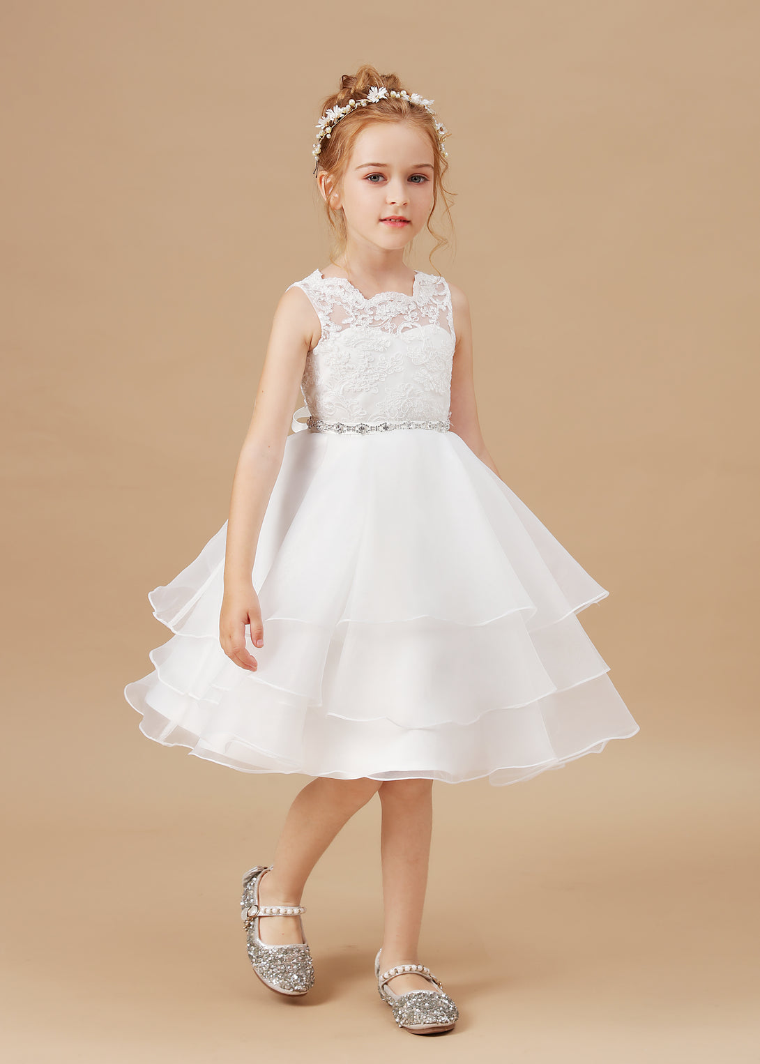 Ball Gown/Princess Scoop Neck Sleeveless Satin/Lace/Tulle Ivory Knee-Length Flower Girl Dresses/Girl's Cake Dresses With Appliques/Beads Ribbon Gidiondress