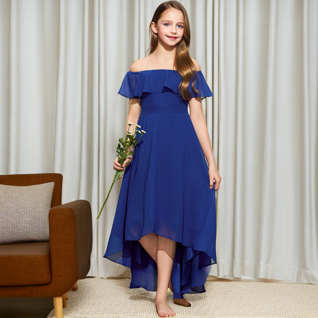 Asymmetrical Off-the-Ohoulder Cape Chiffon Junior Bridesmaid Dress/Girls Birthday Dresses With Belt Girls Gidiondress as picture 12M