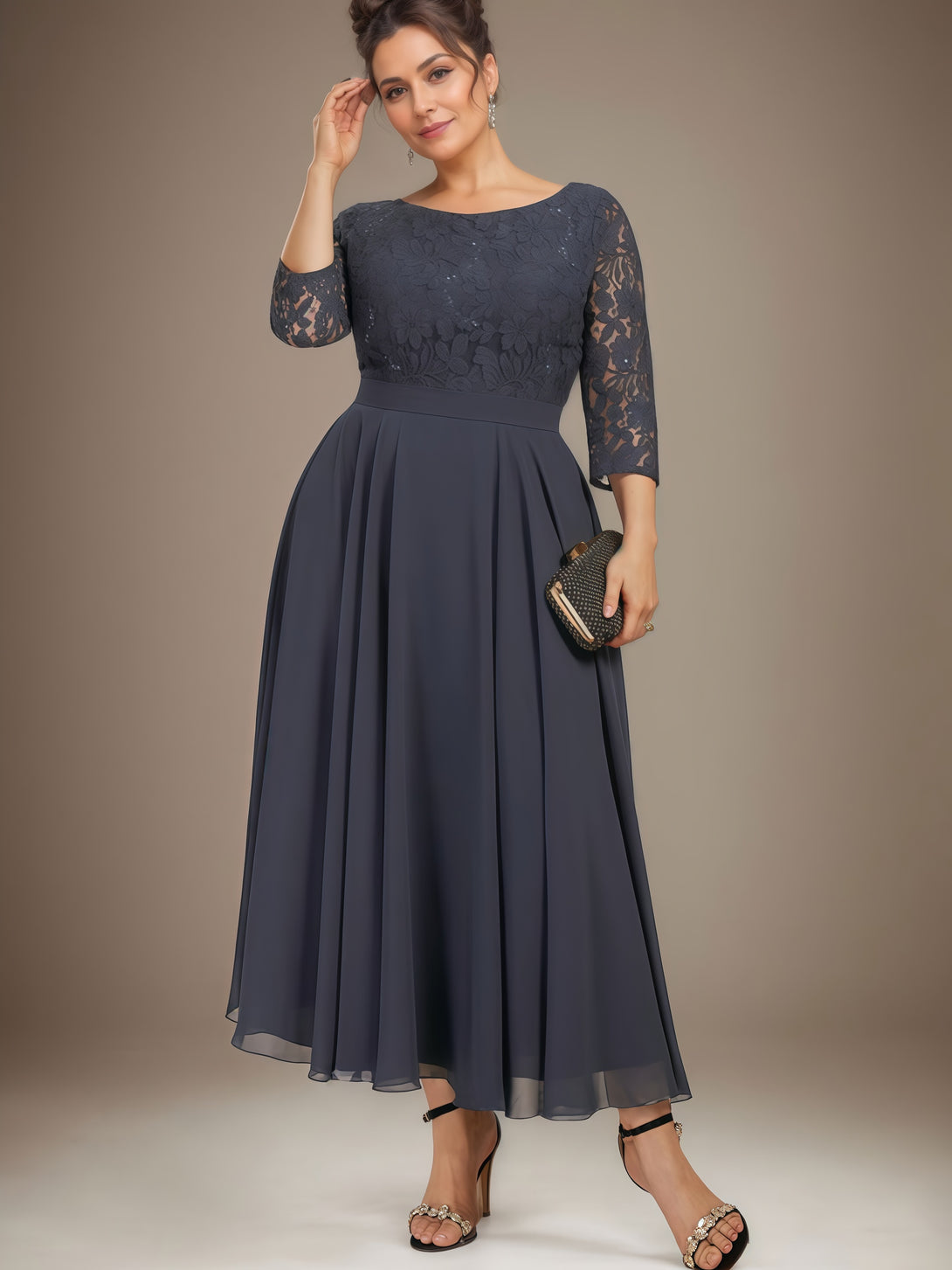 A-Line Boat Neck 3/4 Sleeve Tea-Length Chiffon/Lace Mother of the Bride Dress With Appliques/Sequins/Belt BabaMila