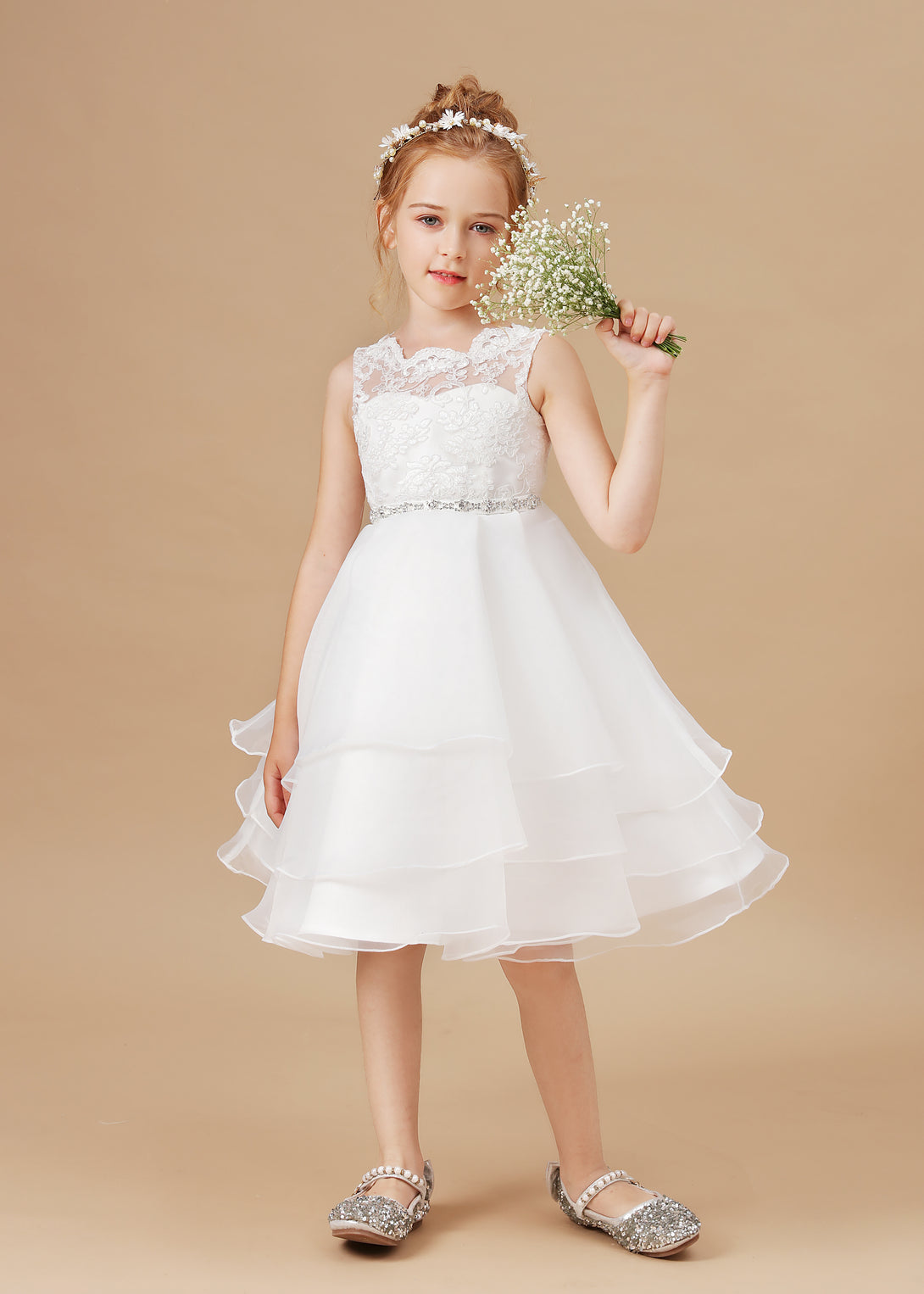Ball Gown/Princess Scoop Neck Sleeveless Satin/Lace/Tulle Ivory Knee-Length Flower Girl Dresses/Girl's Cake Dresses With Appliques/Beads Ribbon Gidiondress Ivory 12M