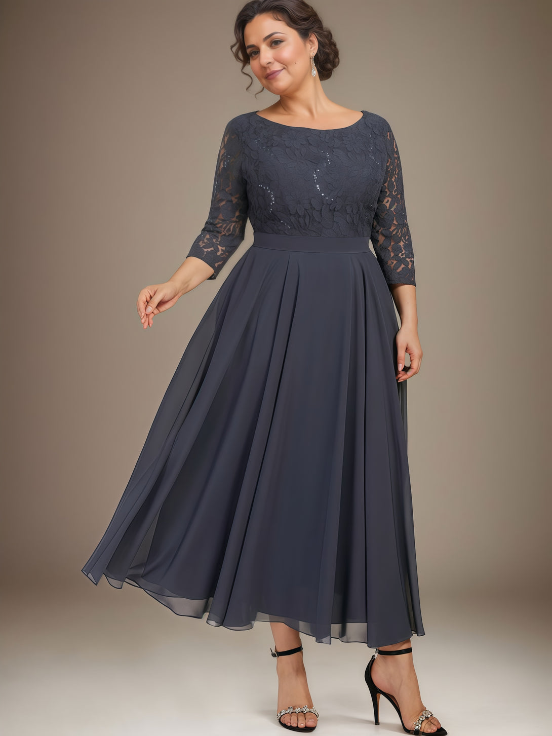A-Line Boat Neck 3/4 Sleeve Tea-Length Chiffon/Lace Mother of the Bride Dress With Appliques/Sequins/Belt BabaMila