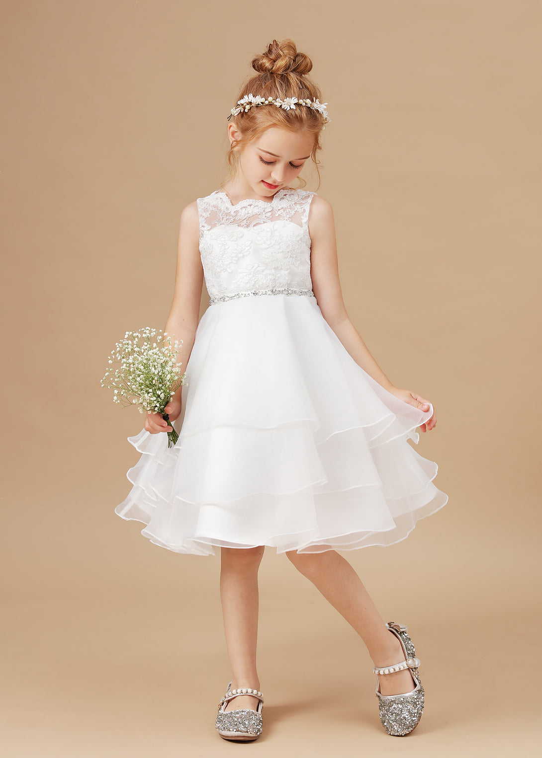 Ball Gown/Princess Scoop Neck Sleeveless Satin/Lace/Tulle Ivory Knee-Length Flower Girl Dresses/Girl's Cake Dresses With Appliques/Beads Ribbon Gidiondress