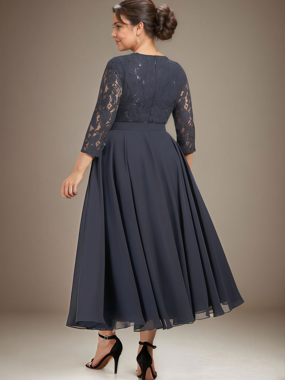 A-Line Boat Neck 3/4 Sleeve Tea-Length Chiffon/Lace Mother of the Bride Dress With Appliques/Sequins/Belt BabaMila
