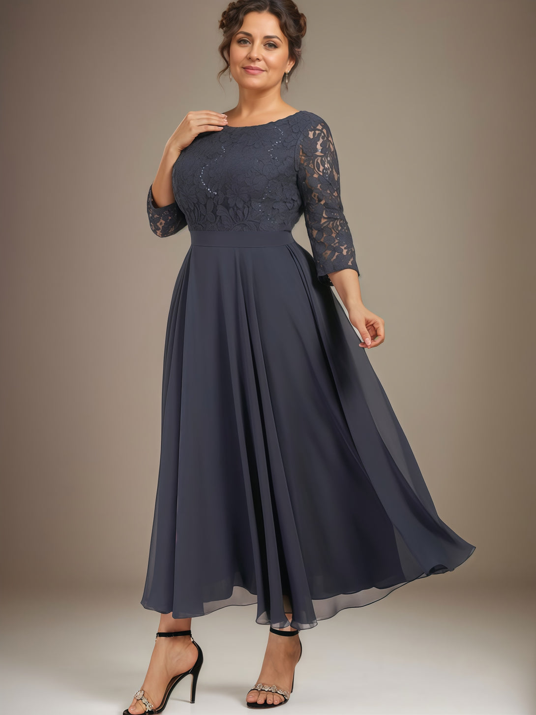 A-Line Boat Neck 3/4 Sleeve Tea-Length Chiffon/Lace Mother of the Bride Dress With Appliques/Sequins/Belt BabaMila