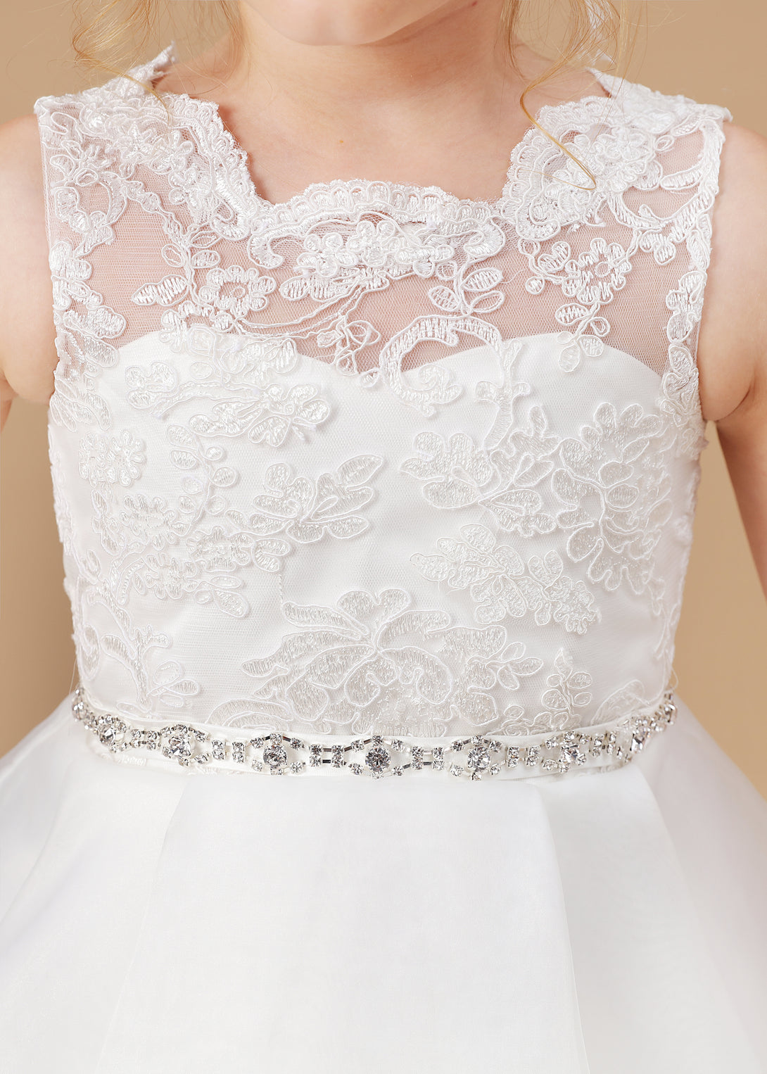 Ball Gown/Princess Scoop Neck Sleeveless Satin/Lace/Tulle Ivory Knee-Length Flower Girl Dresses/Girl's Cake Dresses With Appliques/Beads Ribbon Gidiondress