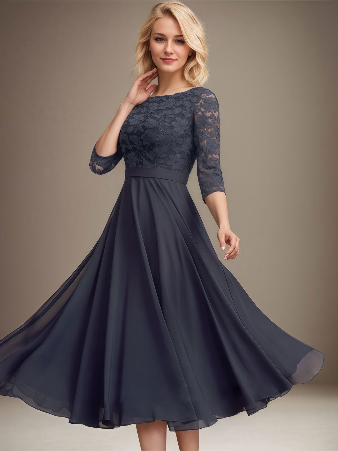 A-Line Boat Neck 3/4 Sleeve Tea-Length Chiffon/Lace Mother of the Bride Dress With Appliques/Sequins/Belt BabaMila