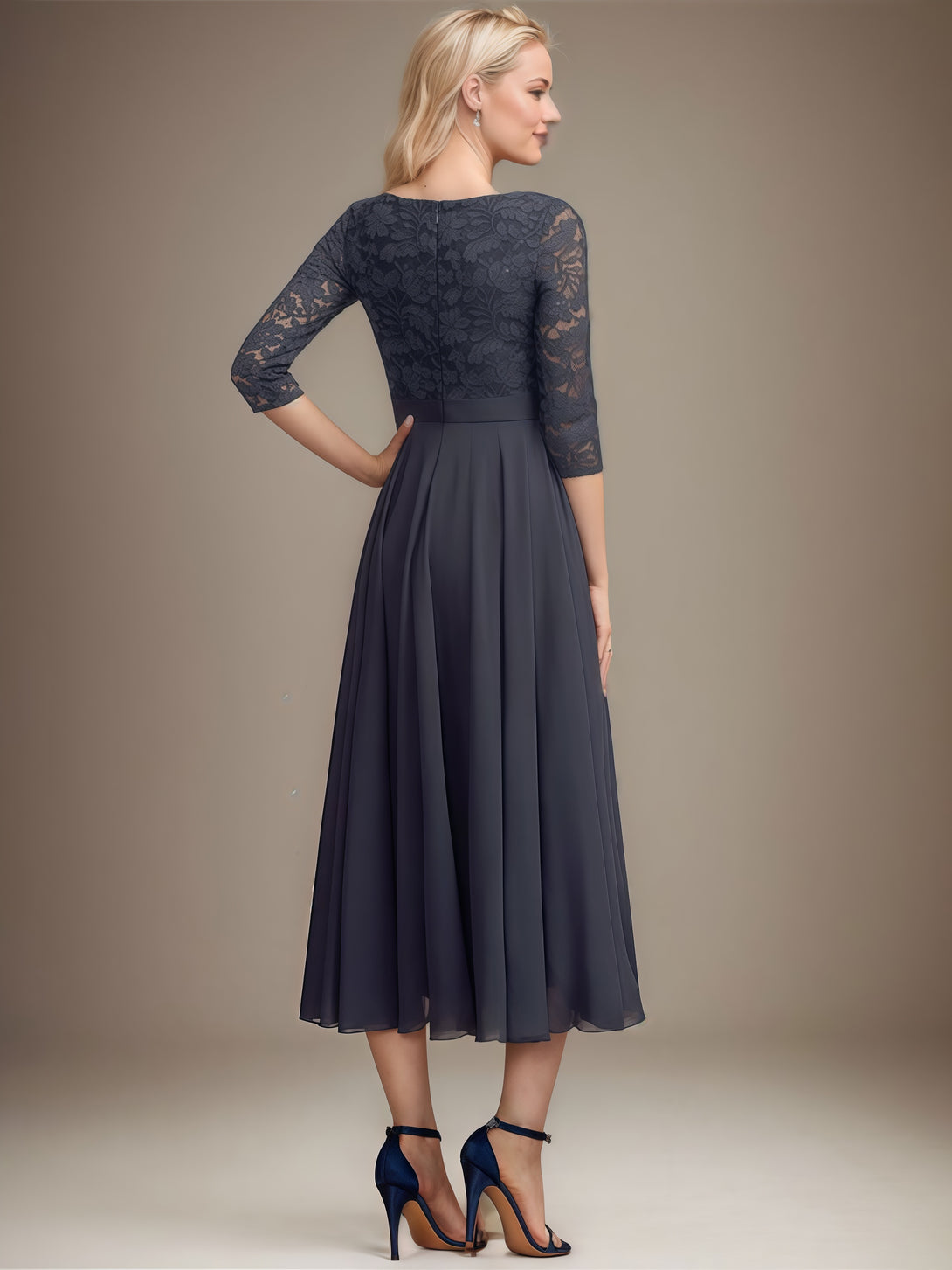 A-Line Boat Neck 3/4 Sleeve Tea-Length Chiffon/Lace Mother of the Bride Dress With Appliques/Sequins/Belt BabaMila