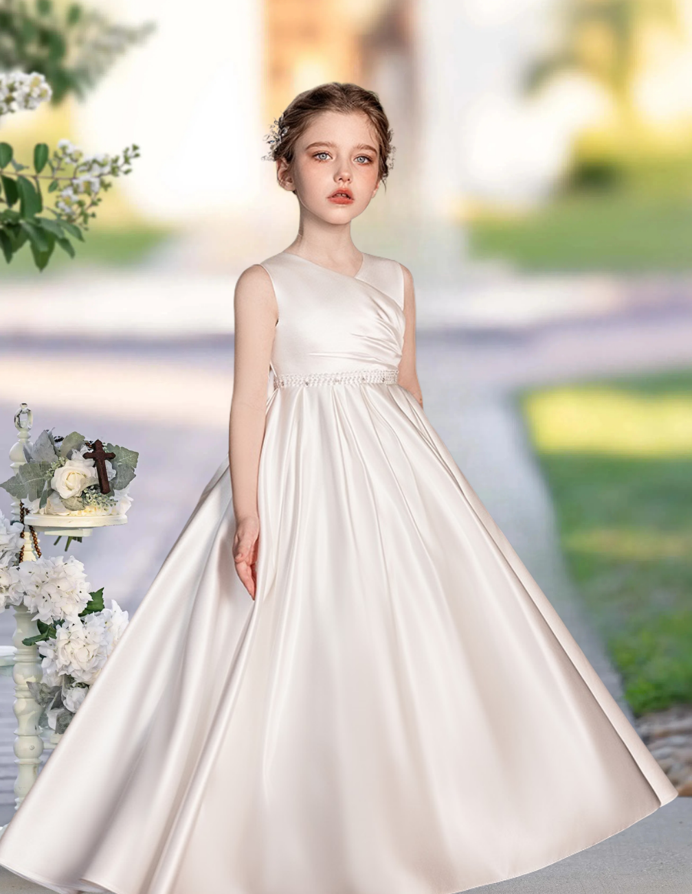 First Communion Dresses Ball Gown V-Neck Sleeveless Floor-Length Satin Girls Birthday Dresses With Beads/Pleated Girls Gidiondress