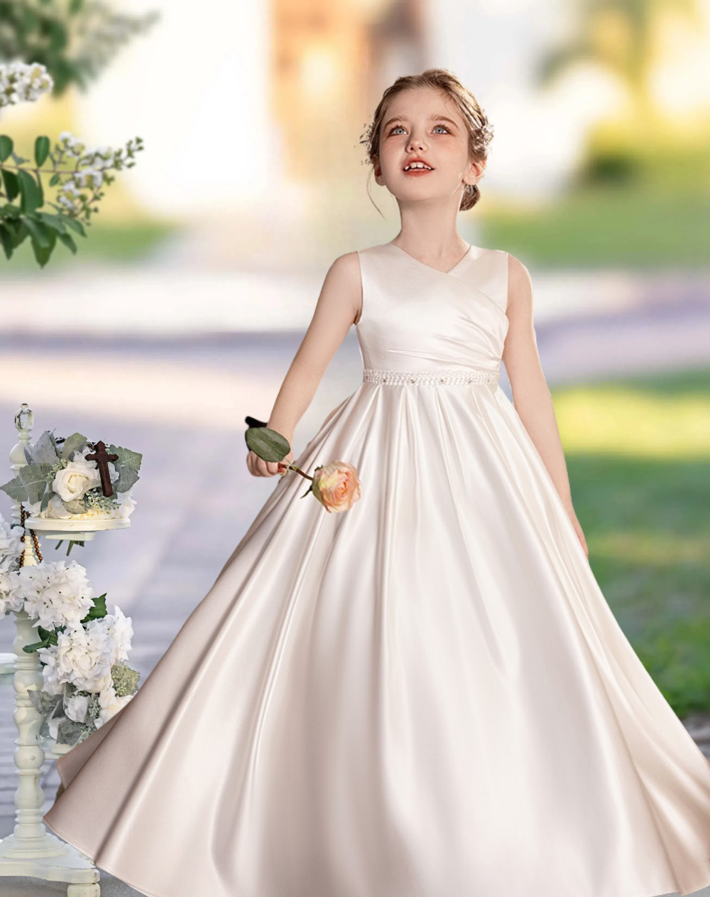 First Communion Dresses Ball Gown V-Neck Sleeveless Floor-Length Satin Girls Birthday Dresses With Beads/Pleated Girls Gidiondress