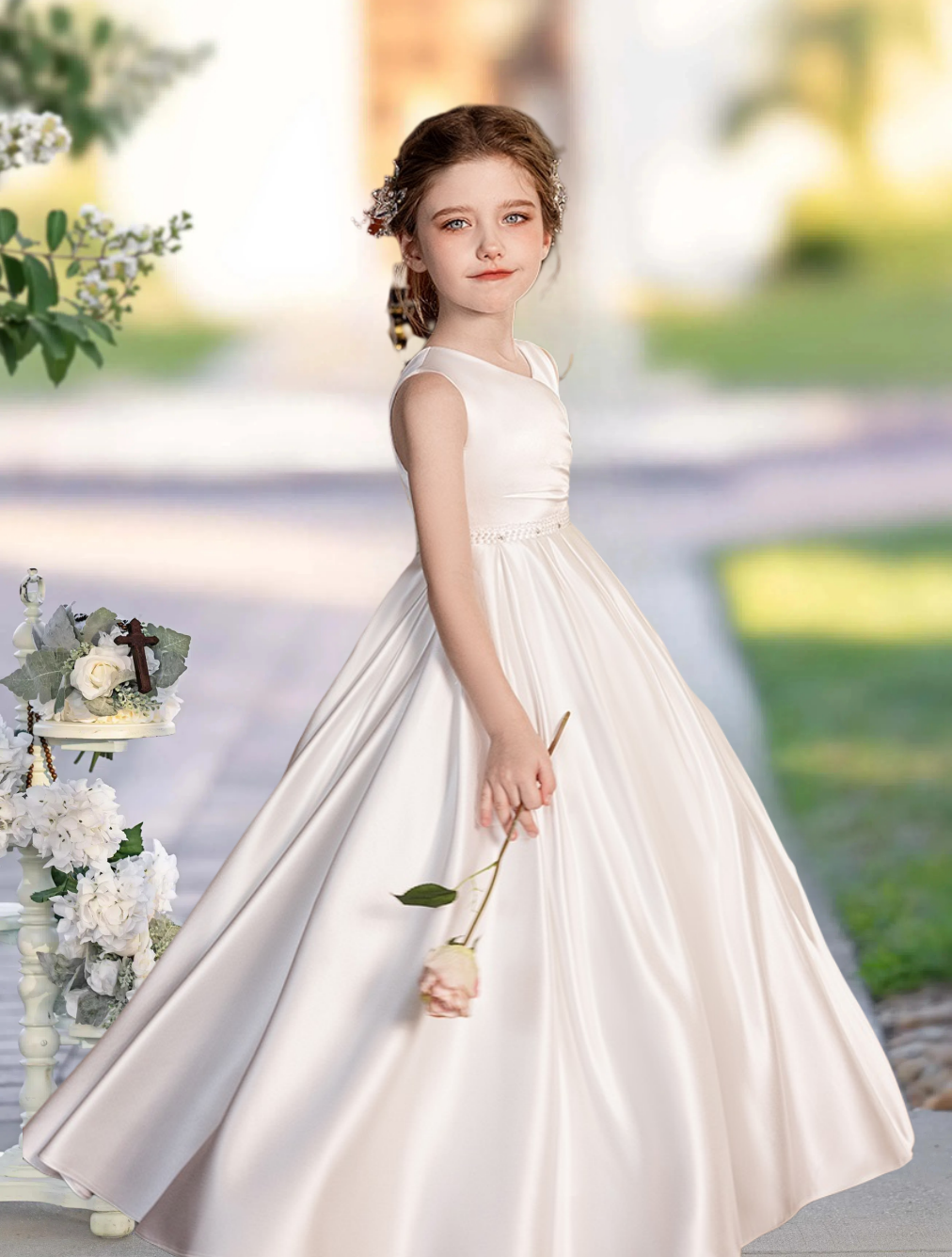 First Communion Dresses Ball Gown V-Neck Sleeveless Floor-Length Satin Girls Birthday Dresses With Beads/Pleated Girls Gidiondress