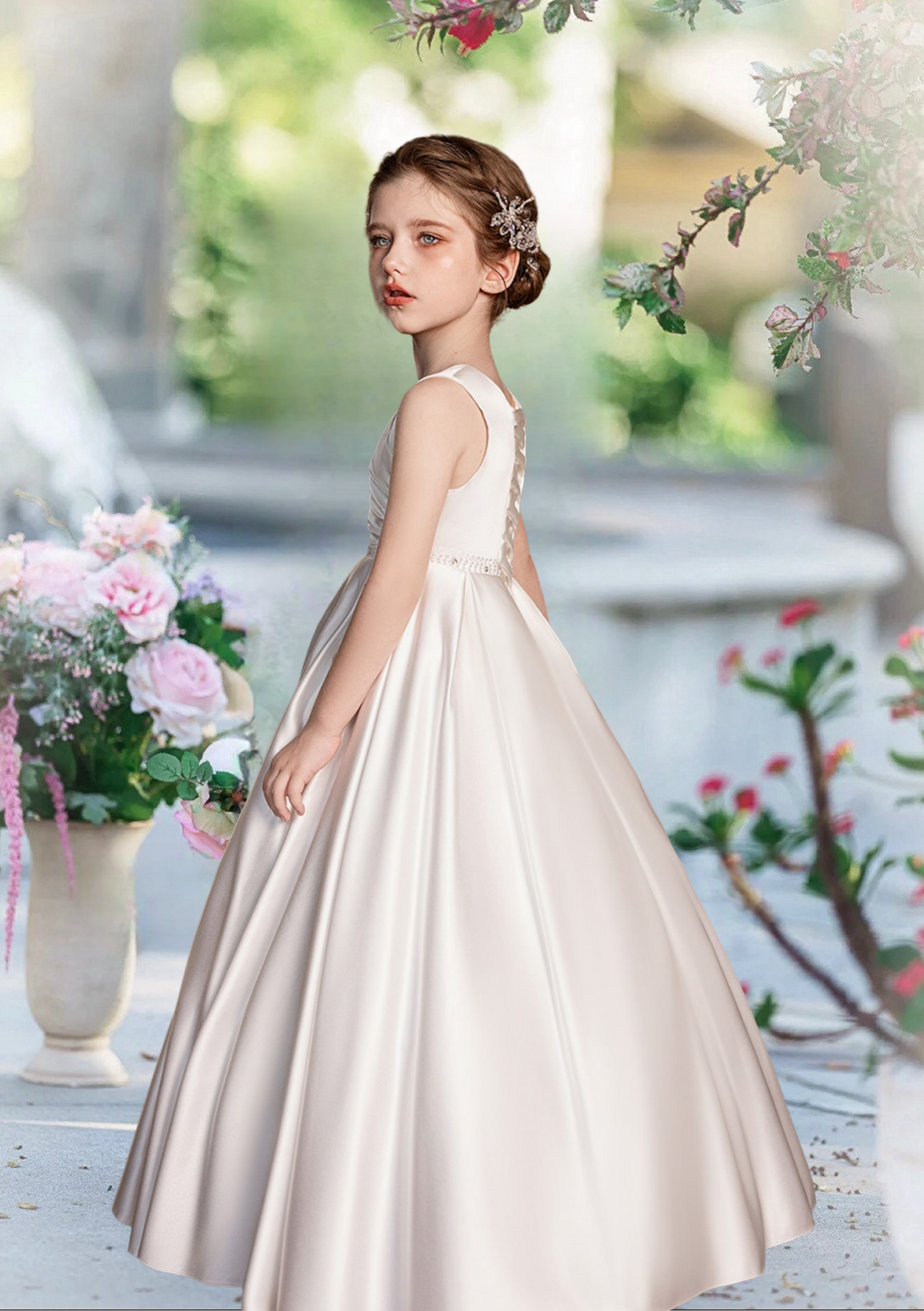 First Communion Dresses Ball Gown V-Neck Sleeveless Floor-Length Satin Girls Birthday Dresses With Beads/Pleated Girls Gidiondress