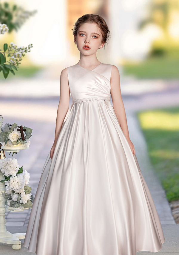 First Communion Dresses Ball Gown V-Neck Sleeveless Floor-Length Satin Girls Birthday Dresses With Beads/Pleated Girls Gidiondress