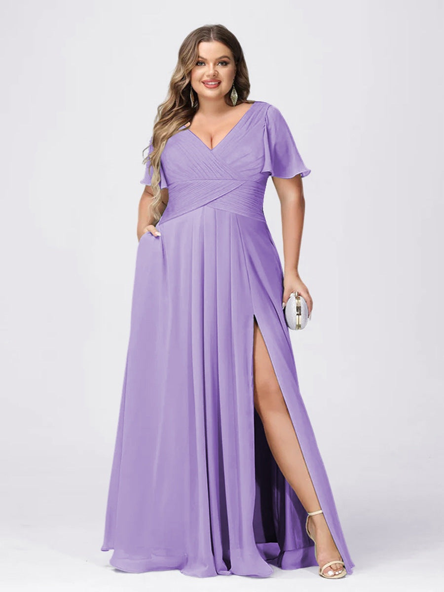 A Line/Princess V-Neck Short Sleeves Plus Size Bridesmaid Dresses with Split Side BabaMila