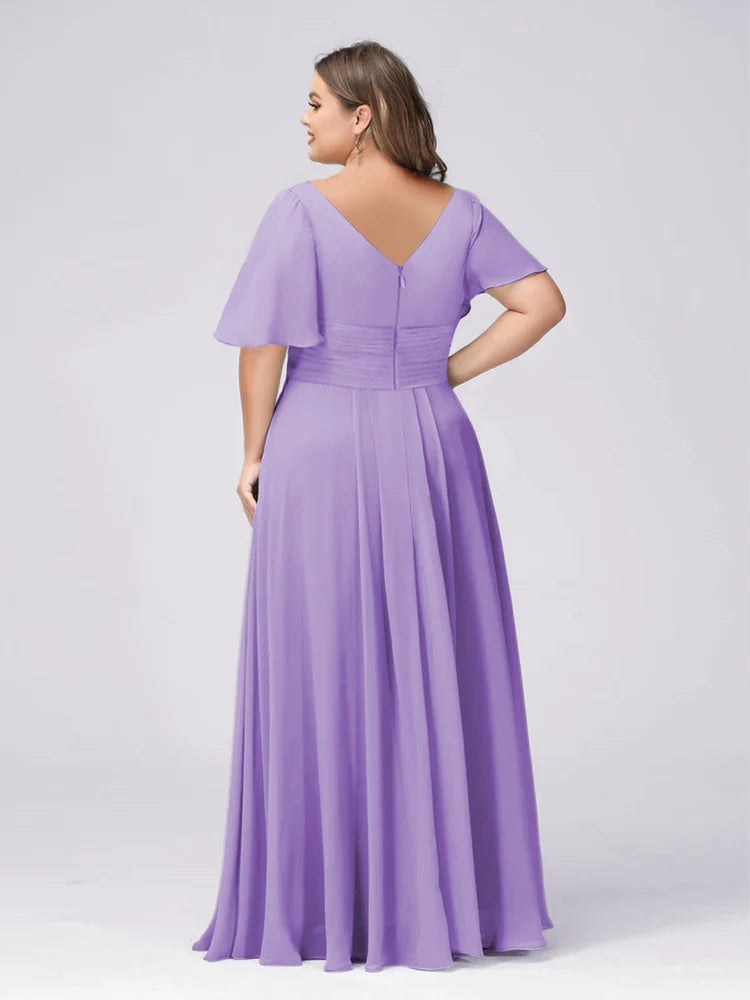 A Line/Princess V-Neck Short Sleeves Plus Size Bridesmaid Dresses with Split Side BabaMila