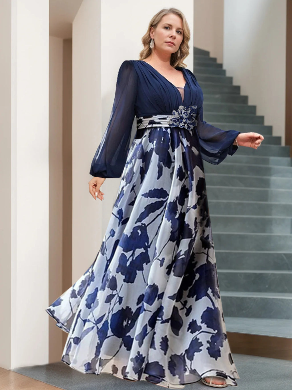 A-Line/Princess V-Neck Half Sleeves Floor-Length Plus Size Velvet Mother Of The Bride Dresses With Ruffles BabaMila