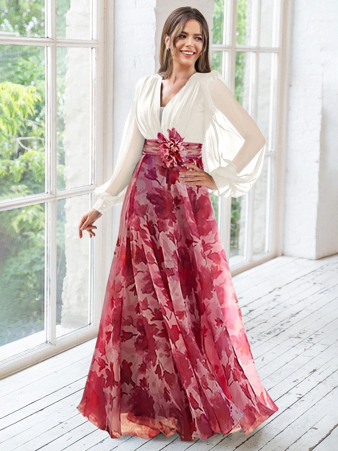 A-Line/Princess V-Neck Half Sleeves Floor-Length Plus Size Velvet Mother Of The Bride Dresses With Ruffles BabaMila