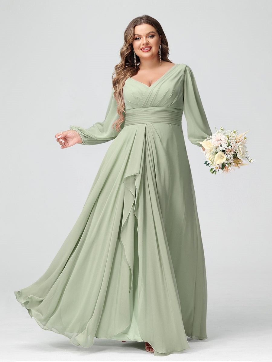 A-Line/Princess V-Neck Long Sleeeves Chiffon Ruffles Plus Size Bridesmaid Dresses with Pockets BabaMila