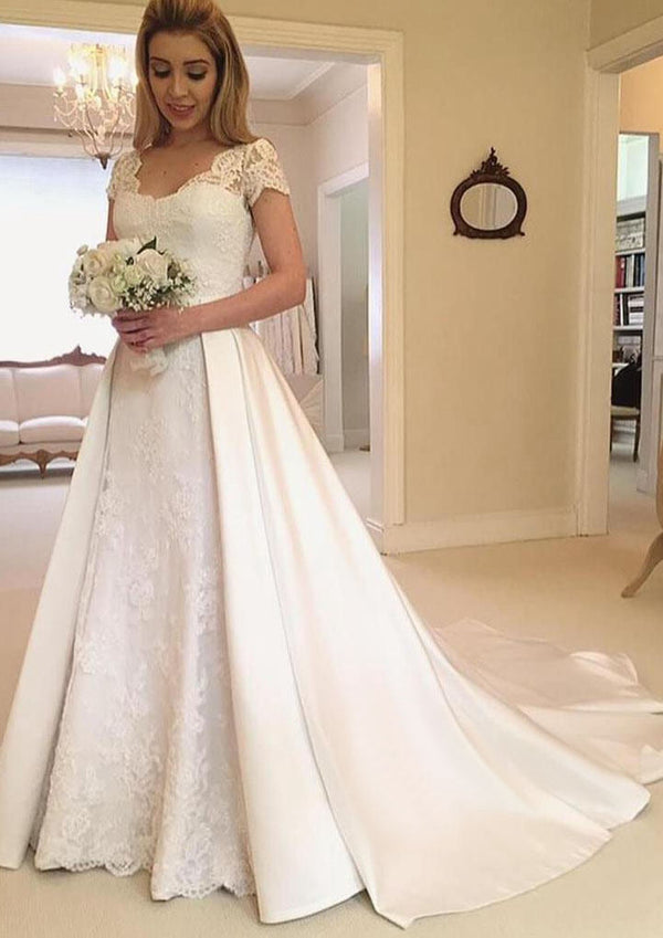 A-Line/Princess Short Sleeves V-Neck Floor-length Satin/Lace Wedding Dress BabaMila