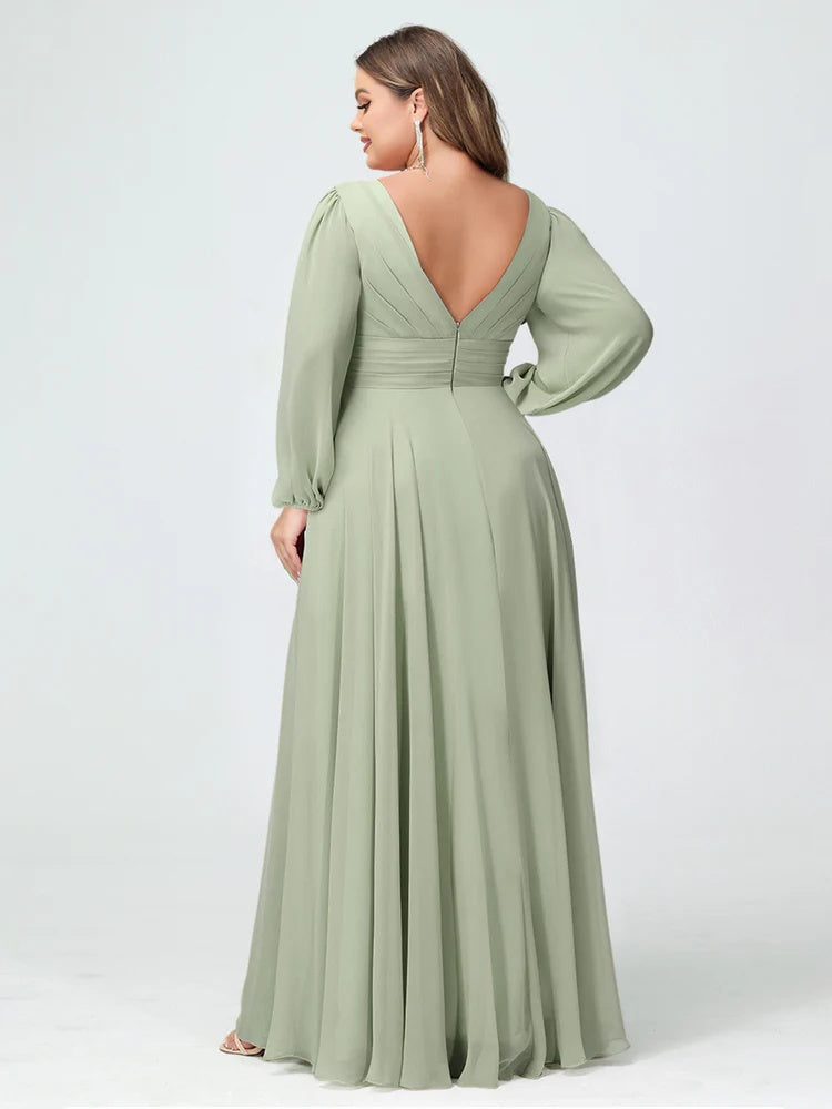A-Line/Princess V-Neck Long Sleeeves Chiffon Ruffles Plus Size Bridesmaid Dresses with Pockets BabaMila