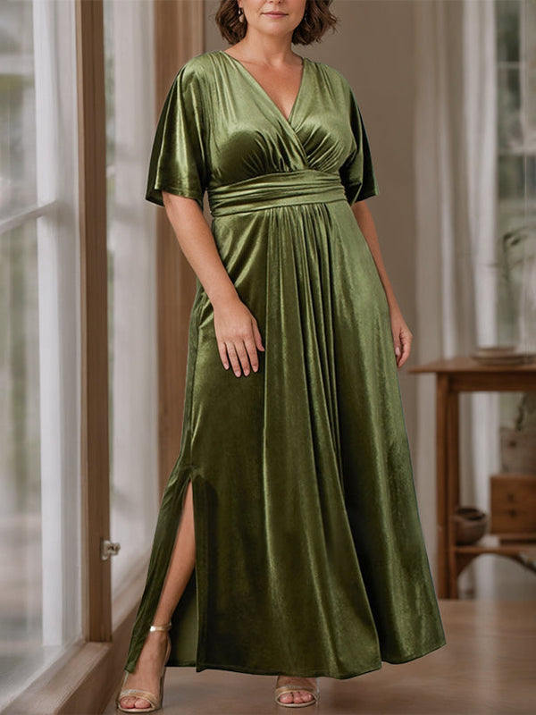 A-Line/Princess V-Neck Half Sleeves Floor-Length Plus Size Velvet Mother Of The Bride Dresses With Ruffles BabaMila