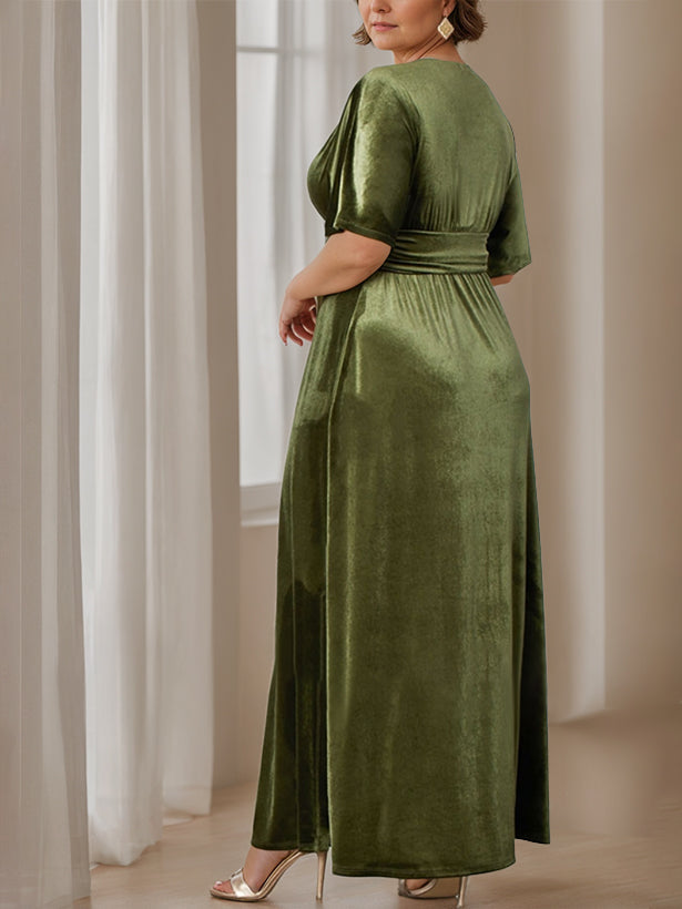 A-Line/Princess V-Neck Half Sleeves Floor-Length Plus Size Velvet Mother Of The Bride Dresses With Ruffles BabaMila