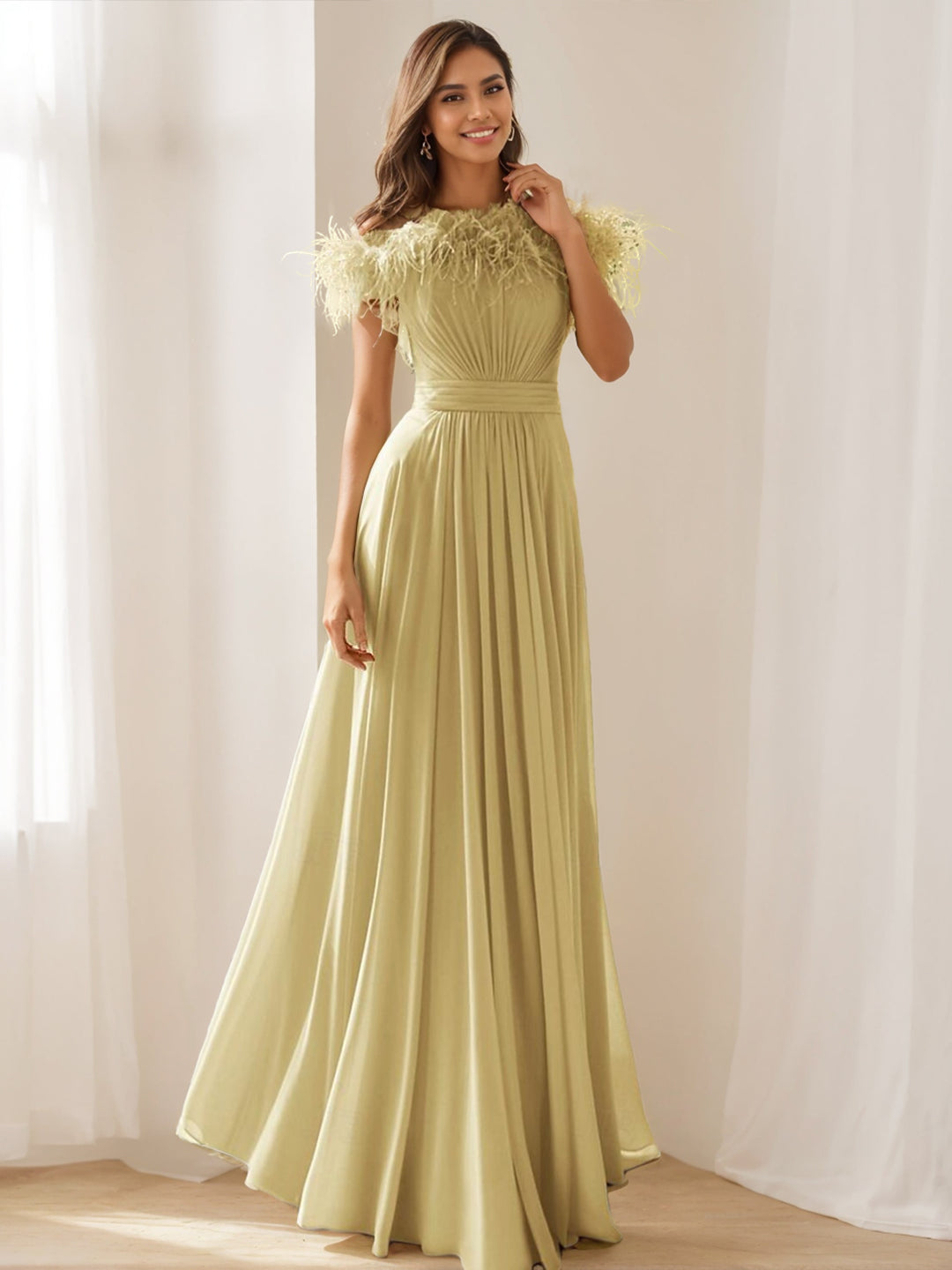 A-Line/Princess Off-the-shoulder Sleeveless Floor-Length Stretch Chiffon Evening Dress with Feather/Pleats BabaMila