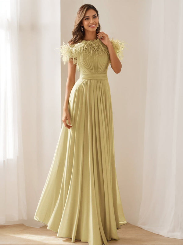 A-Line/Princess Off-the-shoulder Sleeveless Floor-Length Stretch Chiffon Evening Dress with Feather/Pleats BabaMila