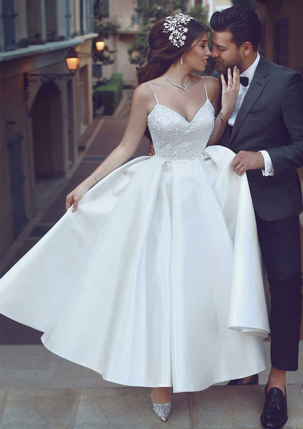 Ball Gown V-Neck Ankle-length Spaghetti Straps Lace Wedding Dress BabaMila