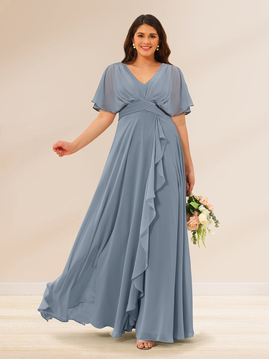 A-Line/Princess V-Neck Short Sleeves Plus Size Bridesmaid Dresses with Pockets BabaMila