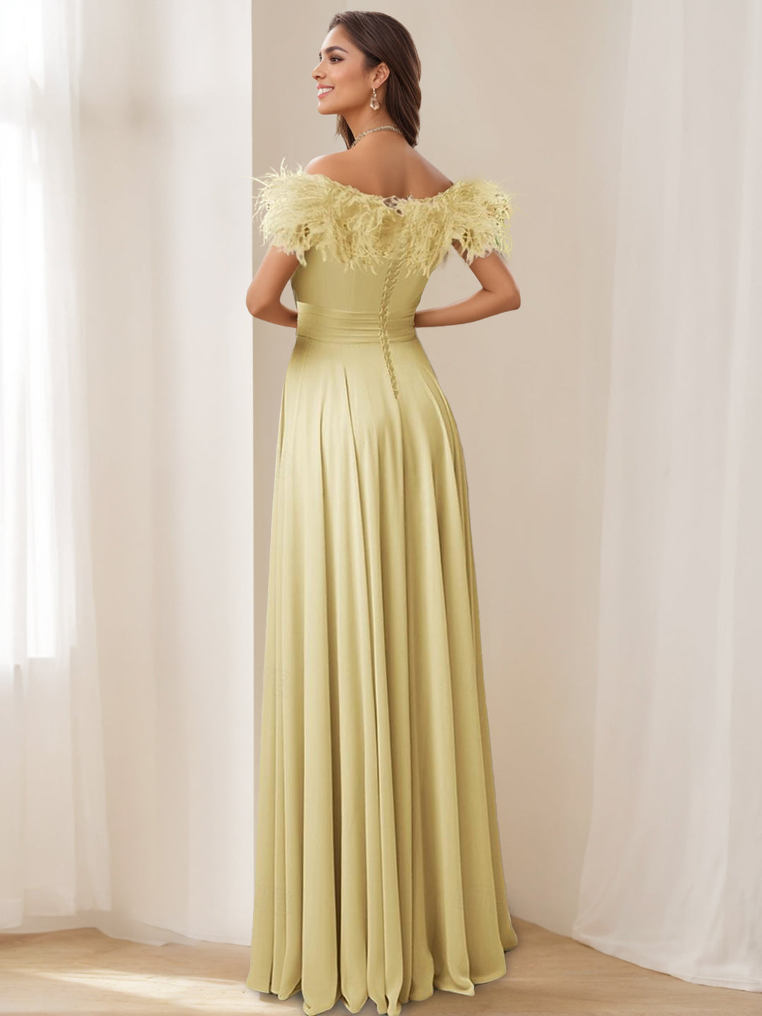 A-Line/Princess Off-the-shoulder Sleeveless Floor-Length Stretch Chiffon Evening Dress with Feather/Pleats BabaMila