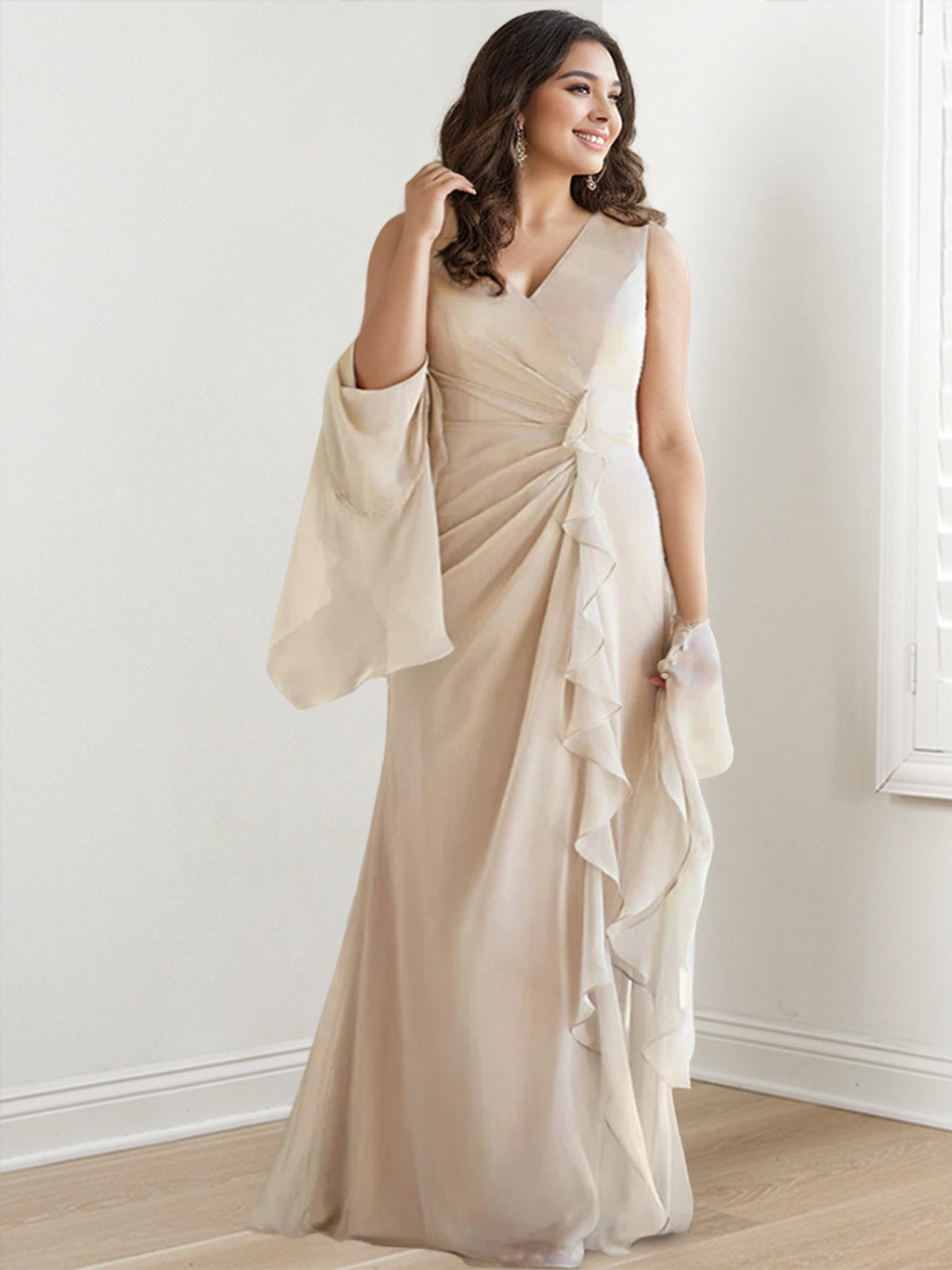 Sheath/Column V-Neck Sleeveless Floor-Length Plus Size Mother Of The Bride Dresses With Wraps & Ruffles BabaMila