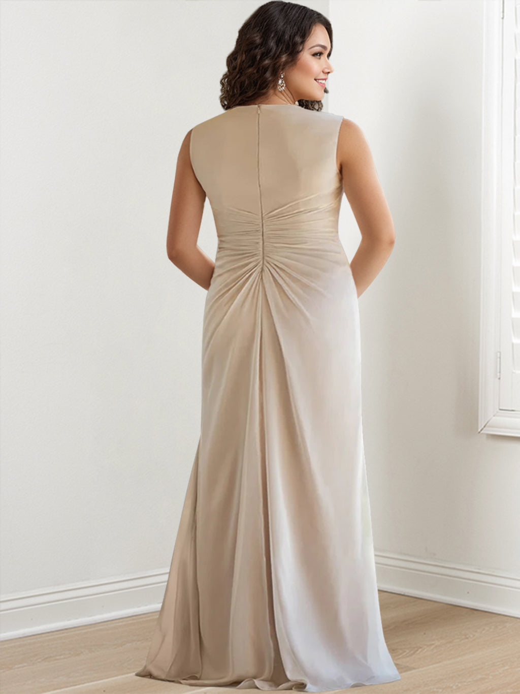 Sheath/Column V-Neck Sleeveless Floor-Length Plus Size Mother Of The Bride Dresses With Wraps & Ruffles BabaMila