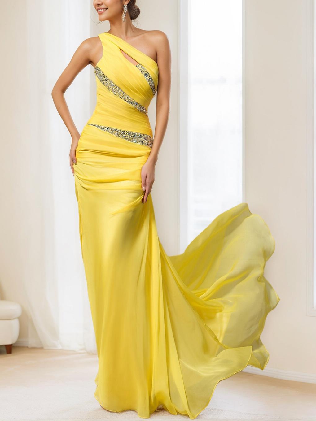 Sheath/Column Chiffon One-Shoulder Sleeveless Floor-Length Prom Evening Dresses with Sequins/Pleated/Slit BabaMila