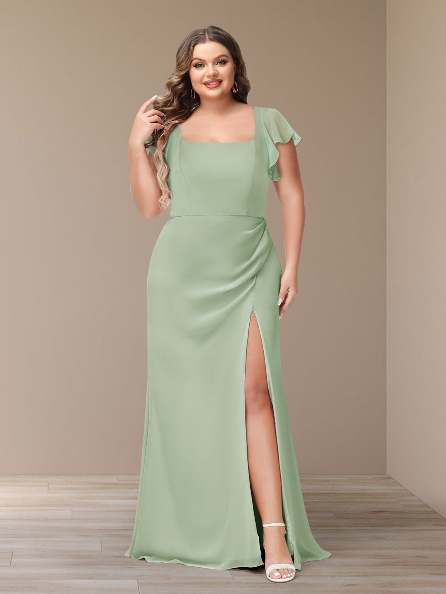 Sheath/Column Short Sleeves Chiffon Plus Size Bridesmaid Dresses with Split Side BabaMila