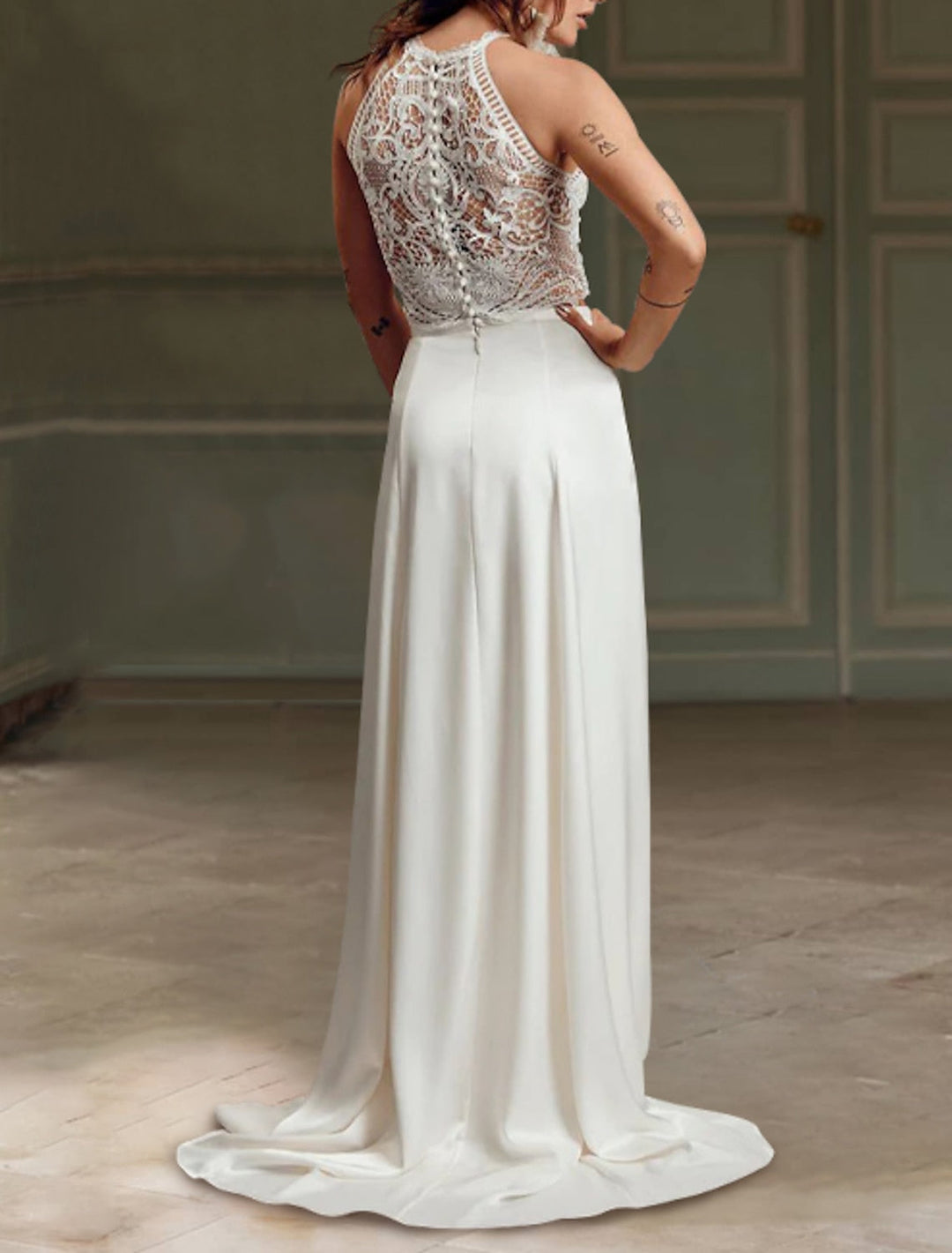 Sheath/Column Two-Piece Halter Floor-length Lace Wedding Dress BabaMila