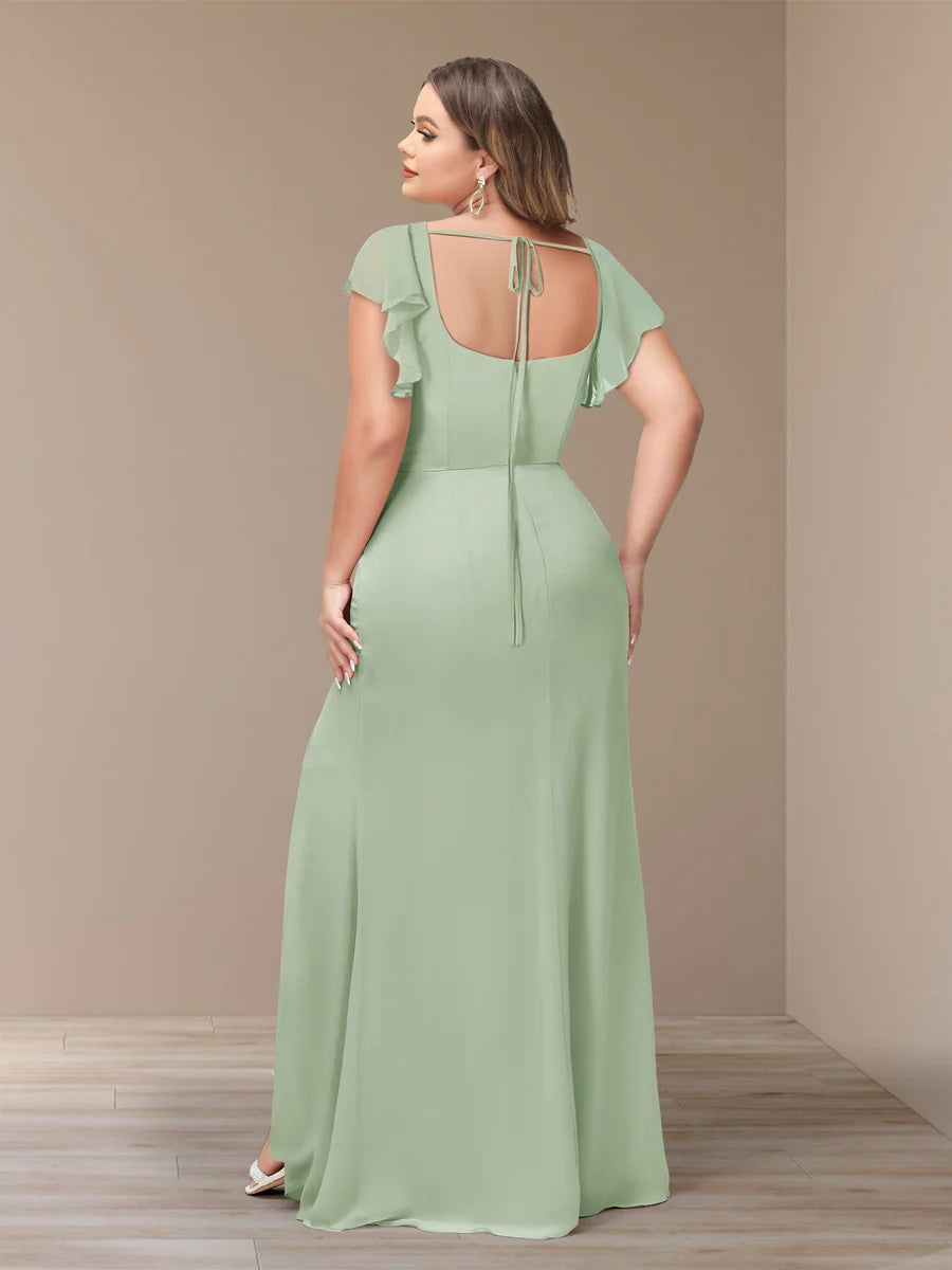 Sheath/Column Short Sleeves Chiffon Plus Size Bridesmaid Dresses with Split Side BabaMila